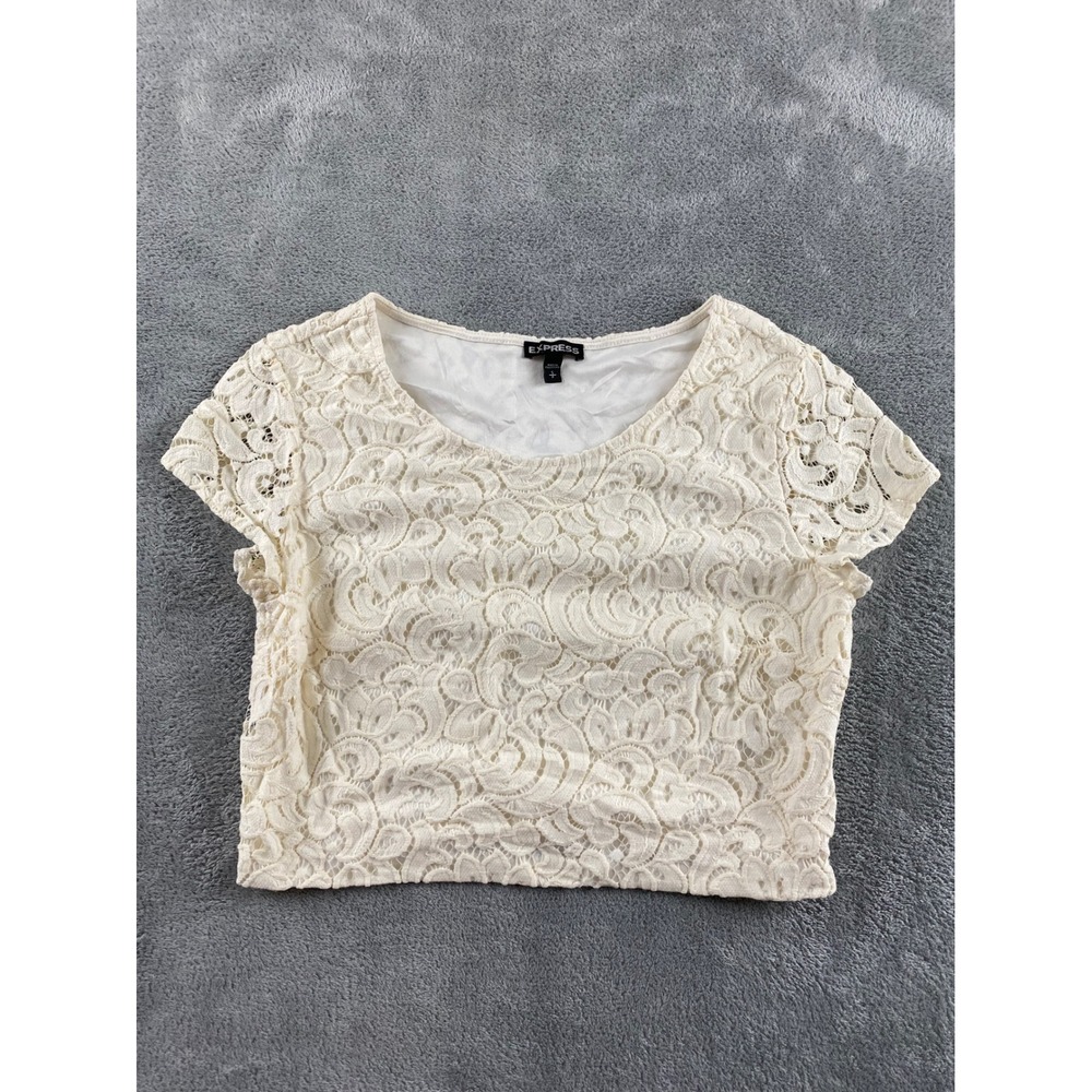 Express Womens Ivory Floral Lace Crop Top Short Sleeve Side Zip Size S Cream